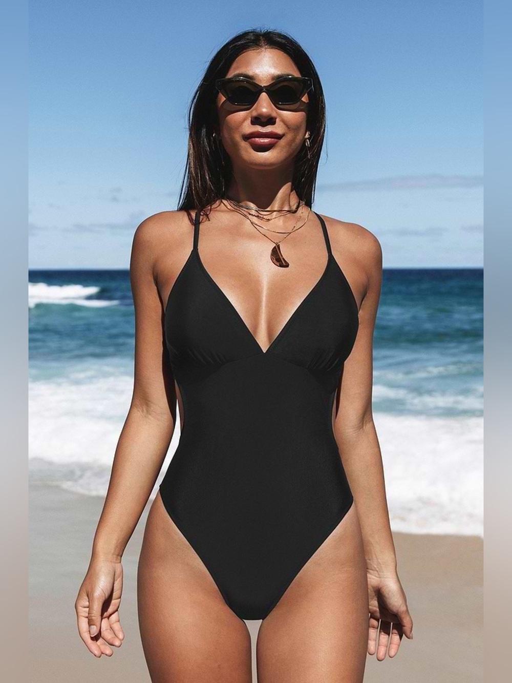 Cupshe Black V-Neck One-Piece Swimsuit